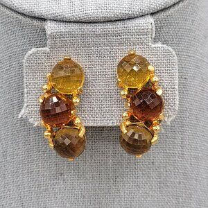 Faceted Glass Clip On Curved Earrings Prong Set Multicolor Gold Tone Vintage